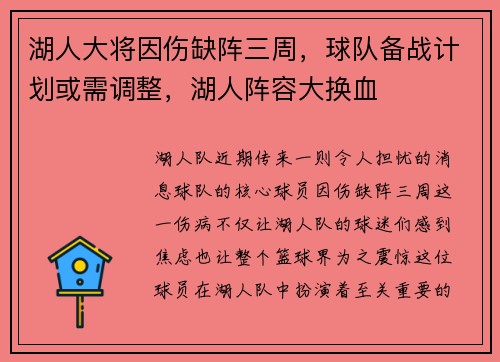 湖人大将因伤缺阵三周，球队备战计划或需调整，湖人阵容大换血