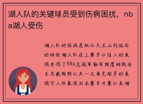 湖人队的关键球员受到伤病困扰，nba湖人受伤