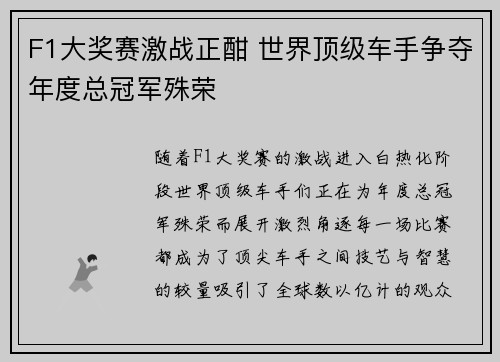 F1大奖赛激战正酣 世界顶级车手争夺年度总冠军殊荣